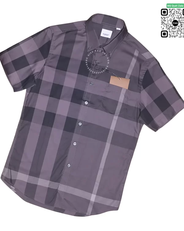 Áo Burberry cộc tay kẻ lệch mầu chì hàng siêu cấp
