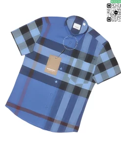 Áo Burberry hàng hiệu tay ngắn mầu xanh kẻ lệch hàng hiệu like auth