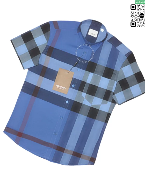 Áo Burberry hàng hiệu tay ngắn mầu xanh kẻ lệch hàng hiệu like auth