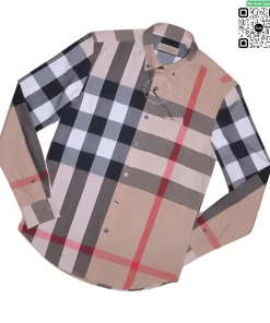 Áo sơ mi Burberry nam mầu vàng be kẻ to dài tay vải mềm