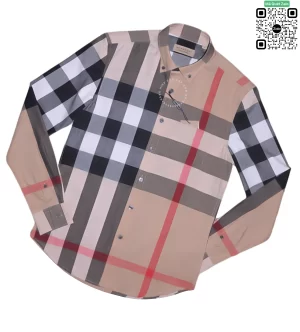 Áo sơ mi Burberry nam mầu vàng be kẻ to dài tay vải mềm