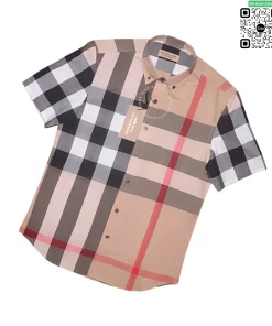Áo sơ mi Burberry nam ngắn tay mầu vàng be kẻ to hàng hiệu
