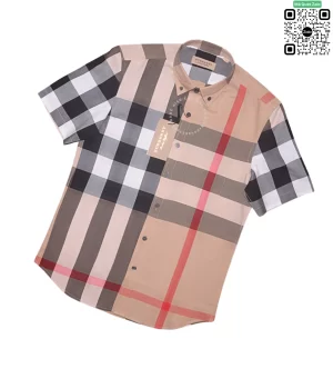 Áo sơ mi Burberry nam ngắn tay mầu vàng be kẻ to hàng hiệu