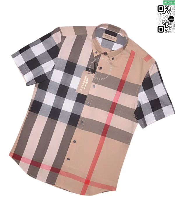 Áo sơ mi Burberry nam ngắn tay mầu vàng be kẻ to hàng hiệu