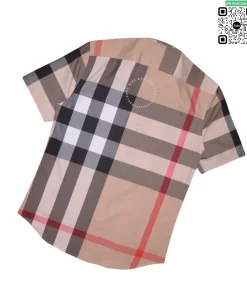 Áo sơ mi Burberry nam ngắn tay mầu vàng be kẻ to hàng hiệu