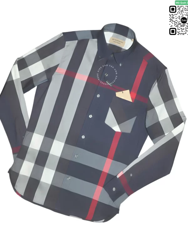 Áo Burberry dài tay kẻ to mầu xanh tím than kẻ trắng túi chéo