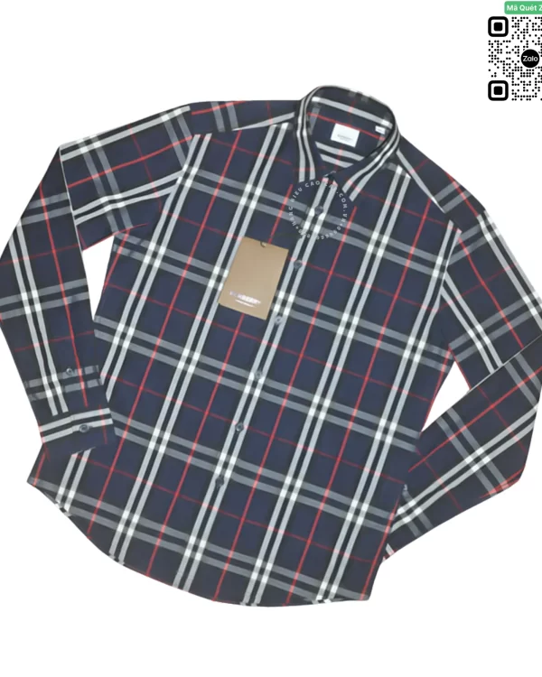 Áo Burberry kẻ nhỏ dài tay mầu xanh tím than kẻ trắng