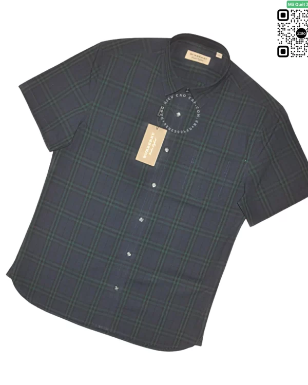 Áo Burberry kẻ nhỏ mầu xanh ngắn tay vải thô hàng hiệu authentic