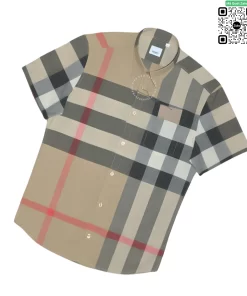 Áo Burberry like auth mầu vàng be ngắn tay kẻ sọc đỏ vải thô