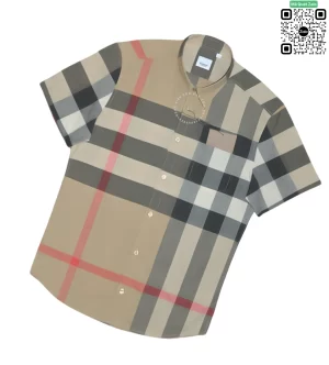 Áo Burberry like auth mầu vàng be ngắn tay kẻ sọc đỏ vải thô