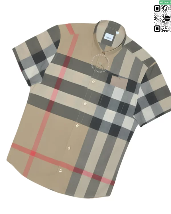 Áo Burberry like auth mầu vàng be ngắn tay kẻ sọc đỏ vải thô