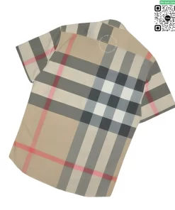 Áo Burberry like auth mầu vàng be ngắn tay kẻ sọc đỏ vải thô