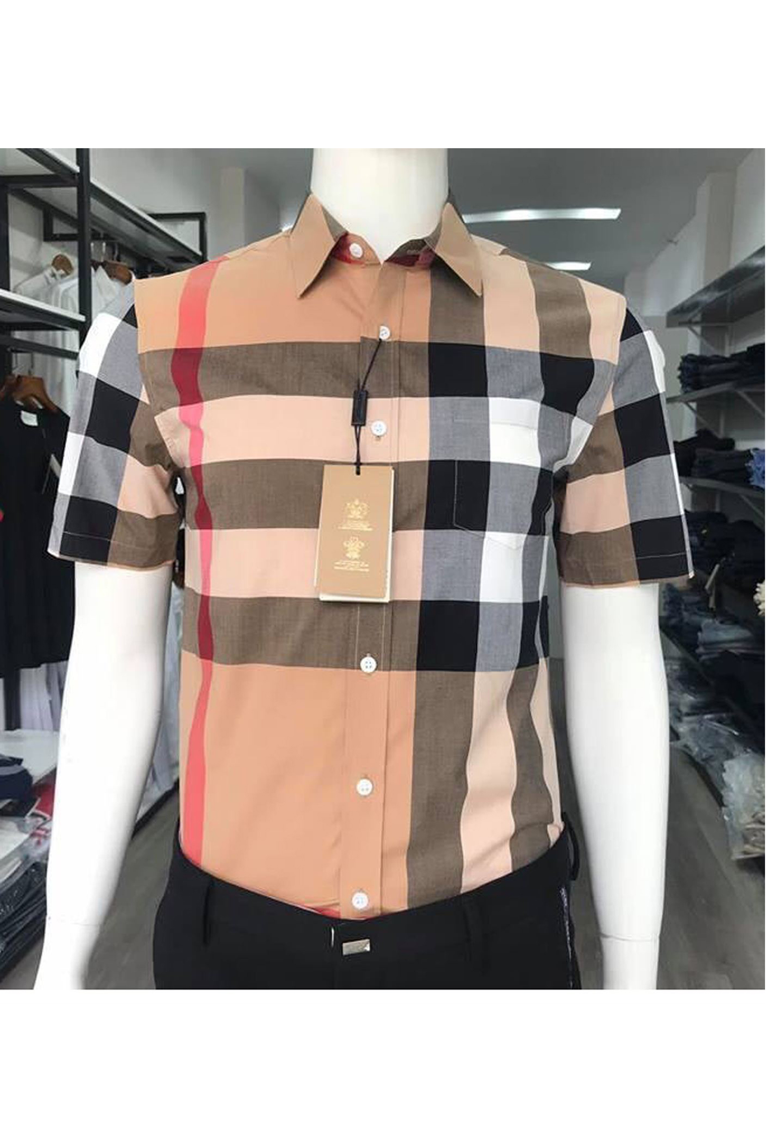 Áo Burberry like auth ngắn tay kẻ sọc đỏ vải thô