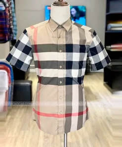 Áo Burberry like auth ngắn tay kẻ sọc đỏ vải thô