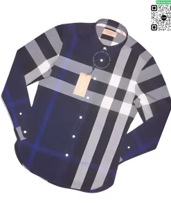 Áo Burberry màu xanh trắng dài tay vải thô kẻ lệch