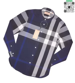 Áo Burberry màu xanh trắng dài tay vải thô kẻ lệch