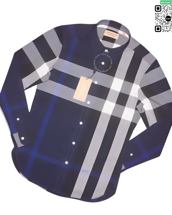 Áo Burberry màu xanh trắng dài tay vải thô kẻ lệch