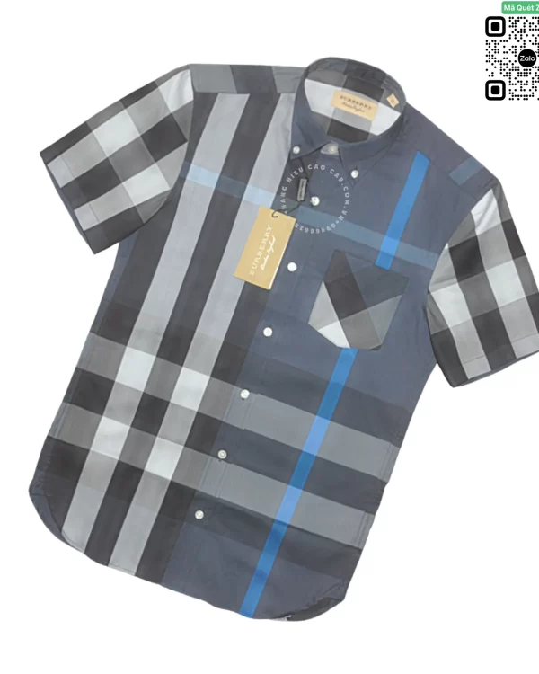 Áo Burberry mầu xanh túi chéo vải sợi tăm ngắn tay hàng hiệu