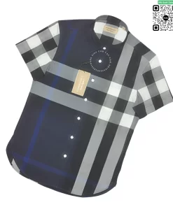 Áo Burberry nam mầu xanh tím than kẻ trắng ngắn tay kẻ lệch vải thô