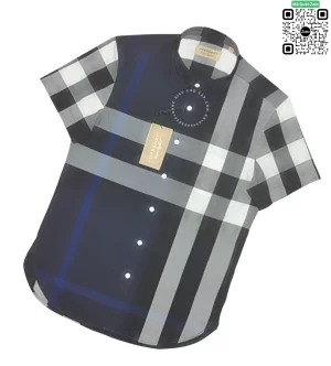 Áo Burberry nam mầu xanh tím than kẻ trắng ngắn tay kẻ lệch vải thô