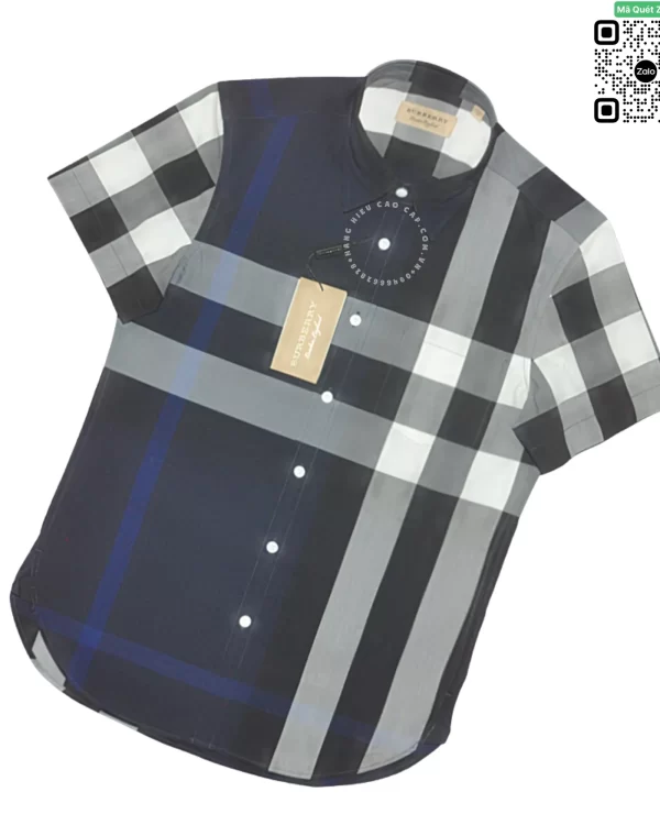 Áo Burberry nam mầu xanh tím than kẻ trắng ngắn tay kẻ lệch vải thô
