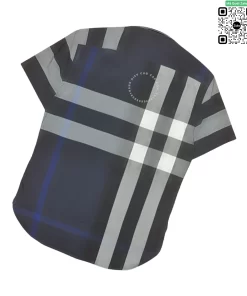 Áo Burberry nam mầu xanh tím than kẻ trắng ngắn tay kẻ lệch vải thô