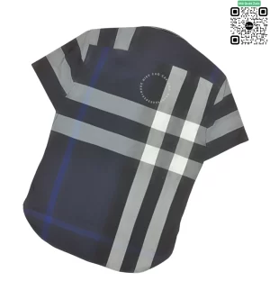 Áo Burberry nam mầu xanh tím than kẻ trắng ngắn tay kẻ lệch vải thô