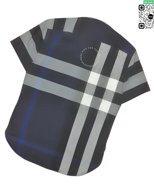 Áo Burberry nam mầu xanh tím than kẻ trắng ngắn tay kẻ lệch vải thô