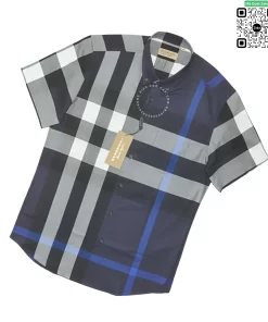 Áo Burberry ngắn tay mầu xanh kẻ trắng vải mềm hàng hiệu siêu cấp