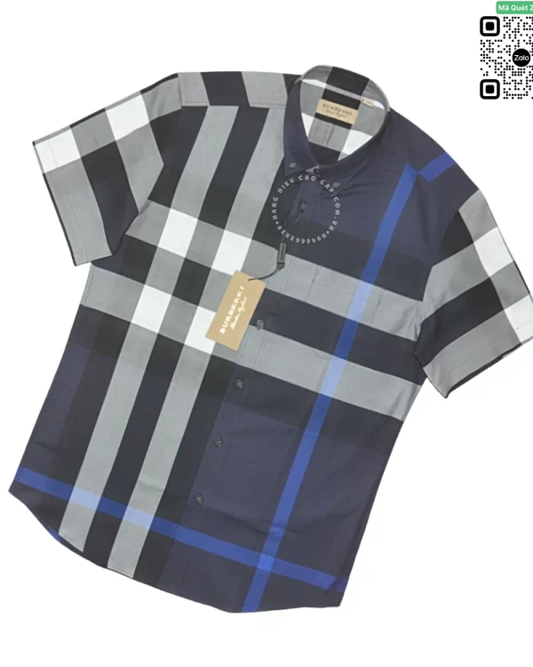 Áo Burberry ngắn tay mầu xanh kẻ trắng vải mềm hàng hiệu siêu cấp