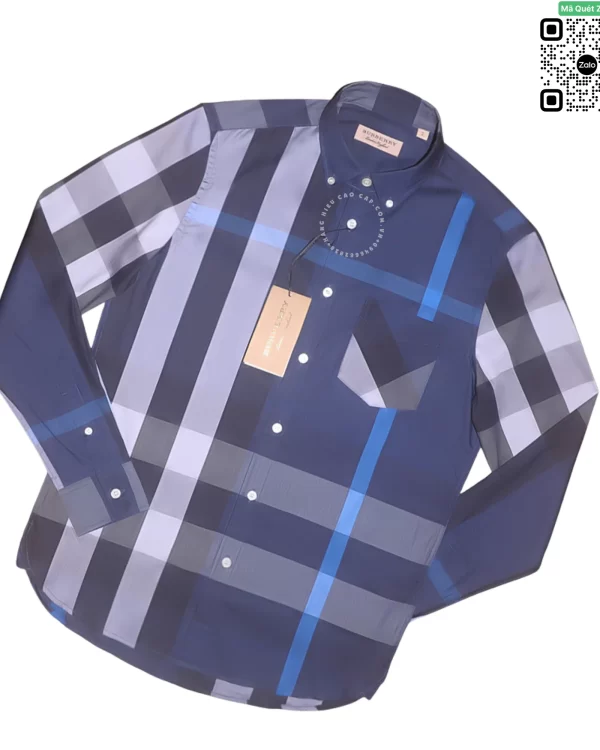 Áo sơ mi Burberry BBR mầu xanh túi chéo sọc trắng hàng hiệu