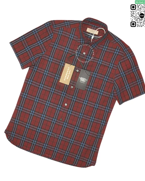 Áo sơ mi Burberry BBR mầu mận đỏ đô kẻ nhỏ ngắn tay hàng hiệu