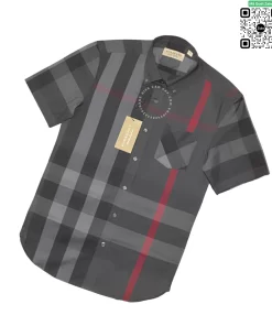 Áo sơ mi Burberry ngắn tay mầu đen kẻ đỏ túi chéo hàng hiệu cao cấp