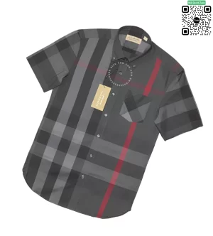 Áo sơ mi Burberry ngắn tay mầu đen kẻ đỏ túi chéo hàng hiệu cao cấp