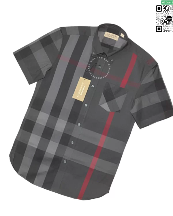 Áo sơ mi Burberry ngắn tay mầu đen kẻ đỏ túi chéo hàng hiệu cao cấp