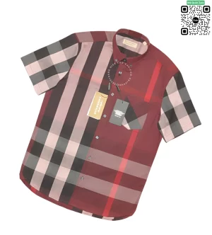 Áo sơ mi Burberry BBR ngắn tay mầu mận túi chéo vải sợi tăm