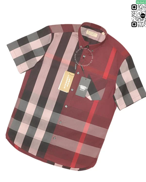 Áo sơ mi Burberry BBR ngắn tay mầu mận túi chéo vải sợi tăm