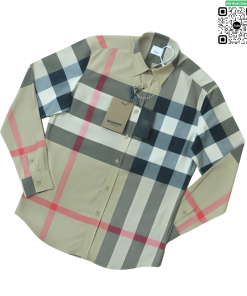 Áo sơ mi nam Burberry BBR mầu vàng be dài tay kẻ đỏ hàng hiệu