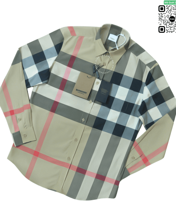 Áo sơ mi nam Burberry BBR mầu vàng be dài tay kẻ đỏ hàng hiệu