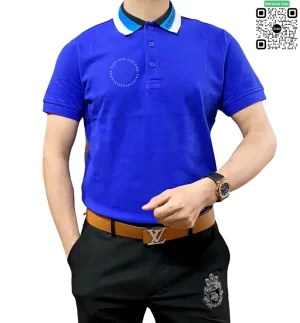 Áo phông polo Burberry cổ bẻ mầu xanh dương sợi gai hàng hiệu