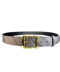 Dây nịt Burberry hàng hiệu cao cấp mặt vàng dây kẻ mầu ghi