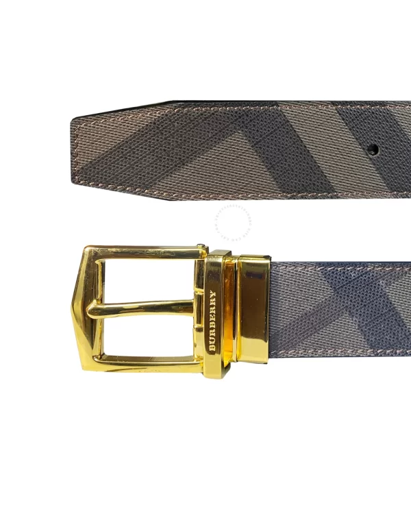 Dây nịt Burberry hàng hiệu cao cấp mặt vàng dây kẻ mầu ghi