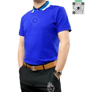 Áo phông polo Burberry cổ bẻ mầu xanh dương sợi gai hàng hiệu