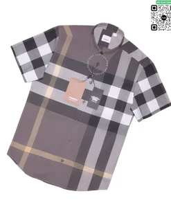 Áo sơ mi Burberry ngắn tay nam mầu ghi kẻ vàng lệch hàng mới