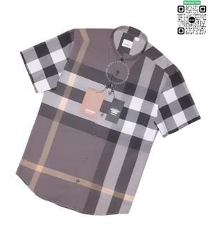 Áo sơ mi Burberry ngắn tay nam mầu ghi kẻ vàng lệch hàng mới