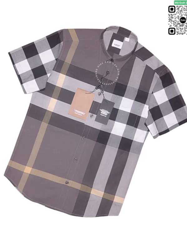 Áo sơ mi Burberry ngắn tay nam mầu ghi kẻ vàng lệch hàng mới