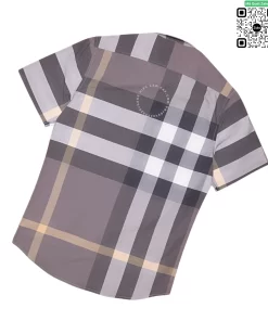 Áo sơ mi Burberry ngắn tay nam mầu ghi kẻ vàng lệch hàng mới