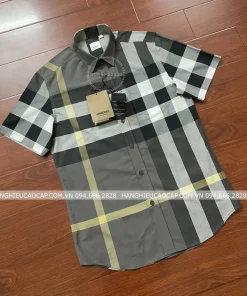 Áo sơ mi nam Burberry mầu ghi kẻ vàng lệch ngắn tay