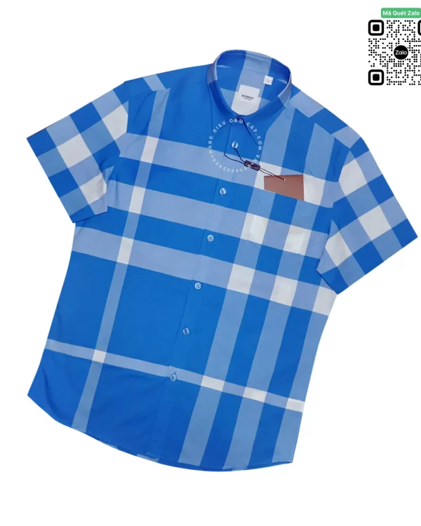 Áo sơ mi Burberry nam ngắn tay mầu xanh kẻ trắng vải thô onweb