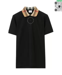 Áo polo Burberry mầu đen cổ kẻ vàng sợi gai hàng hiệu